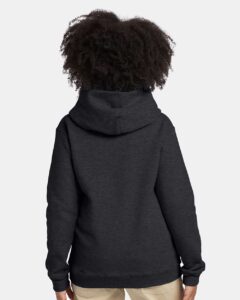 Hanes P473 Youth EcoSmart® Hooded Sweatshirt – Charcoal Heather (on model back)