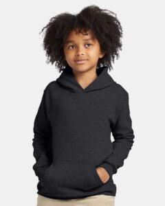 Hanes P473 Youth EcoSmart® Hooded Sweatshirt – Charcoal Heather (on model)