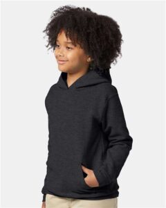 Hanes P473 Youth EcoSmart® Hooded Sweatshirt – Charcoal Heather (on model side)