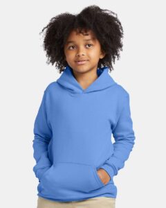 Hanes P473 Youth EcoSmart® Hooded Sweatshirt – Carolina Blue (on model)