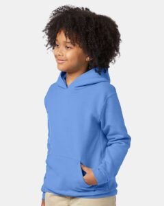 Hanes P473 Youth EcoSmart® Hooded Sweatshirt – Carolina Blue (on model side)