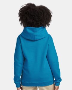 Hanes P473 Youth EcoSmart® Hooded Sweatshirt – Teal (on model back)