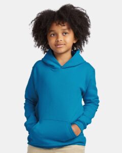 Hanes P473 Youth EcoSmart® Hooded Sweatshirt – Teal (on model)