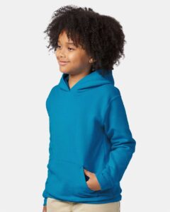 Hanes P473 Youth EcoSmart® Hooded Sweatshirt – Teal (on model side)