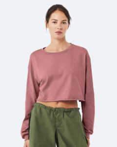 BELLA + CANVAS 6501 Women’s FWD Fashion Crop Long Sleeve Tee – Mauve (on model)