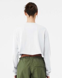 BELLA + CANVAS 6501 Women’s FWD Fashion Crop Long Sleeve Tee – White (on model back)