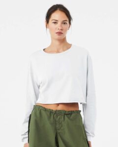BELLA + CANVAS 6501 Women’s FWD Fashion Crop Long Sleeve Tee – White (on model)