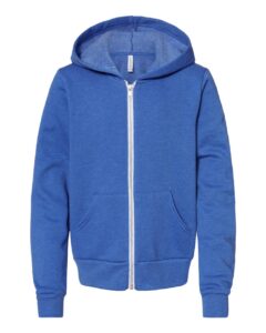 BELLA + CANVAS 3739Y Youth Sponge Fleece Full-Zip Hoodie Sweatshirt – Heather True Royal
