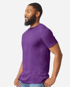 Gildan 64000CVC Unisex Softstyle® CVC T-Shirt – Amethyst (on model side)