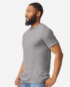 Gildan 64000CVC Unisex Softstyle® CVC T-Shirt – Cement (on model side)