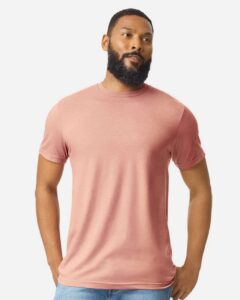 Gildan 64000CVC Unisex Softstyle® CVC T-Shirt – Dusty Rose (on model)