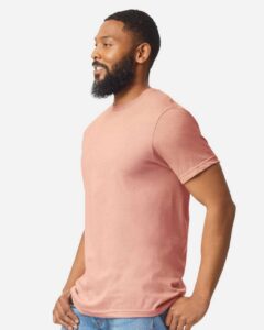 Gildan 64000CVC Unisex Softstyle® CVC T-Shirt – Dusty Rose (on model side)