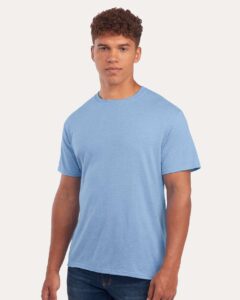 JERZEES 560MR Premium Blend Ring-Spun T-Shirt – Carolina Heather (on model side)