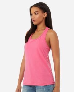 BELLA + CANVAS 6008 Women’s Jersey Racerback Tank – Charity Pink (on model side)