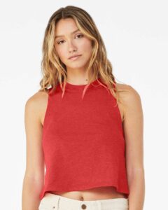 BELLA + CANVAS 6682 Women’s Racerback Crop Tank – Heather Red (on model)