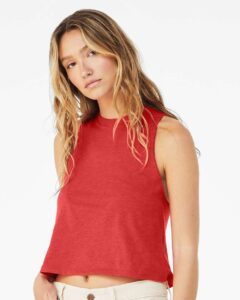 BELLA + CANVAS 6682 Women’s Racerback Crop Tank – Heather Red (on model side)