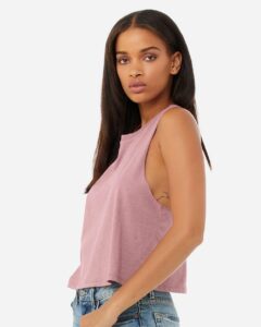 BELLA + CANVAS 6682 Women’s Racerback Crop Tank – Heather Orchid (on model side)