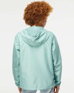 Independent Trading Co. EXP54LWZ Men’s Lightweight Windbreaker Full-Zip Jacket – Aqua/ White Zipper (on model back)