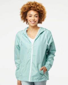 Independent Trading Co. EXP54LWZ Men’s Lightweight Windbreaker Full-Zip Jacket – Aqua/ White Zipper (on model)