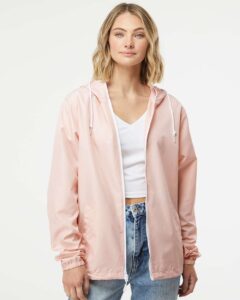 Independent Trading Co. EXP54LWZ Men’s Lightweight Windbreaker Full-Zip Jacket – Blush/ White Zipper (on model)