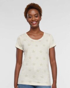 Code Five 3629 Women’s Star Print Scoop Neck Tee – Natural Heather Star (on model)