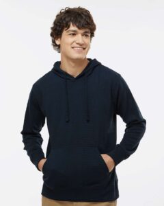 J. America 8706 Men’s Ripple Fleece Hooded Sweatshirt – Navy (on model)