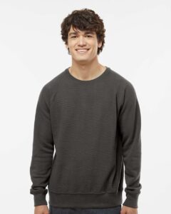 J. America 8707 Men’s Ripple Fleece Raglan Crewneck Sweatshirt – Black (on model)