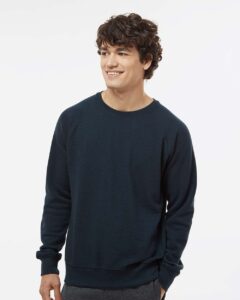 J. America 8707 Men’s Ripple Fleece Raglan Crewneck Sweatshirt – Navy (on model)