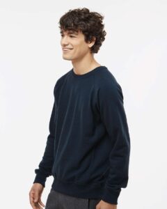 J. America 8707 Men’s Ripple Fleece Raglan Crewneck Sweatshirt – Navy (on model side)