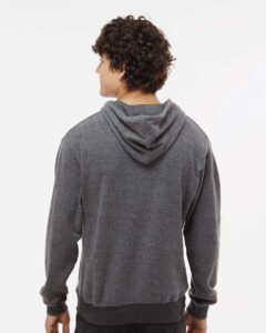 J. America 8709 Men’s Flip Side Fleece Hooded Sweatshirt – Charcoal Heather (on model back)