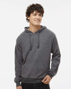 J. America 8709 Men’s Flip Side Fleece Hooded Sweatshirt – Charcoal Heather (on model)