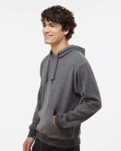 J. America 8709 Men’s Flip Side Fleece Hooded Sweatshirt – Charcoal Heather (on model side)