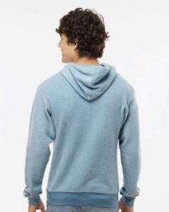 J. America 8709 Men’s Flip Side Fleece Hooded Sweatshirt – Chambray Heather (on model back)