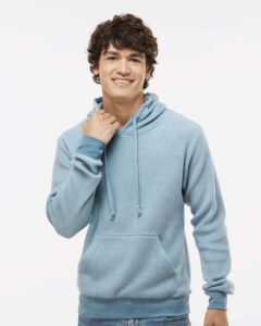J. America 8709 Men’s Flip Side Fleece Hooded Sweatshirt – Chambray Heather (on model)