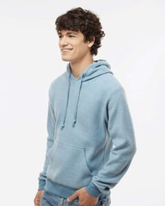 J. America 8709 Men’s Flip Side Fleece Hooded Sweatshirt – Chambray Heather (on model side)