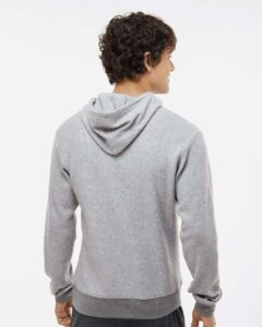 J. America 8709 Men’s Flip Side Fleece Hooded Sweatshirt – Grey Heather (on model back)
