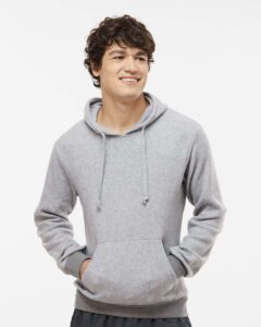 J. America 8709 Men’s Flip Side Fleece Hooded Sweatshirt – Grey Heather (on model)
