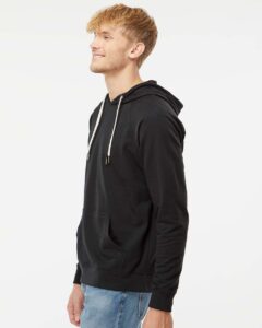 Independent Trading Co. SS1000 Unisex Icon Lightweight Loopback Terry Hooded Sweatshirt – Black (on model side)