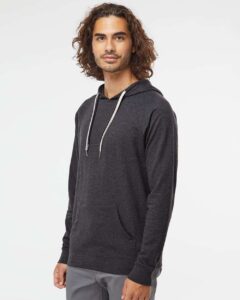 Independent Trading Co. SS1000 Unisex Icon Lightweight Loopback Terry Hooded Sweatshirt – Charcoal Heather (on model side)