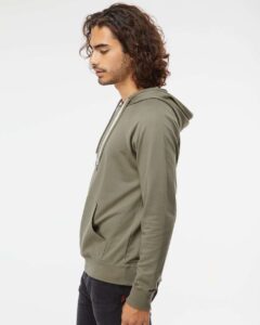 Independent Trading Co. SS1000 Unisex Icon Lightweight Loopback Terry Hooded Sweatshirt – Olive (on model side)