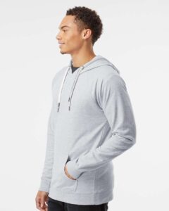 Independent Trading Co. SS1000 Unisex Icon Lightweight Loopback Terry Hooded Sweatshirt – Athletic Heather (on model side)
