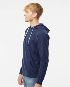 Independent Trading Co. SS1000 Unisex Icon Lightweight Loopback Terry Hooded Sweatshirt – Indigo (on model side)
