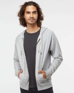 Independent Trading Co. SS1000Z Unisex Icon Lightweight Loopback Terry Full-Zip Hooded Sweatshirt – Athletic Heather (on model)