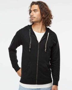Independent Trading Co. SS1000Z Unisex Icon Lightweight Loopback Terry Full-Zip Hooded Sweatshirt – Black (on model)