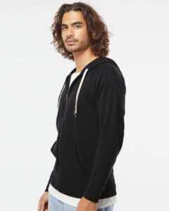 Independent Trading Co. SS1000Z Unisex Icon Lightweight Loopback Terry Full-Zip Hooded Sweatshirt – Black (on model side)