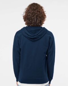 Independent Trading Co. SS1000Z Unisex Icon Lightweight Loopback Terry Full-Zip Hooded Sweatshirt – Indigo (on model back)