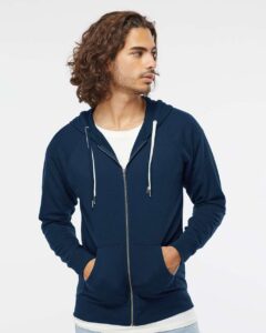 Independent Trading Co. SS1000Z Unisex Icon Lightweight Loopback Terry Full-Zip Hooded Sweatshirt – Indigo (on model)