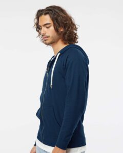Independent Trading Co. SS1000Z Unisex Icon Lightweight Loopback Terry Full-Zip Hooded Sweatshirt – Indigo (on model side)