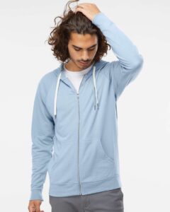 Independent Trading Co. SS1000Z Unisex Icon Lightweight Loopback Terry Full-Zip Hooded Sweatshirt – Misty Blue (on model)