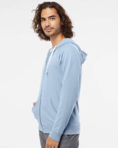 Independent Trading Co. SS1000Z Unisex Icon Lightweight Loopback Terry Full-Zip Hooded Sweatshirt – Misty Blue (on model side)